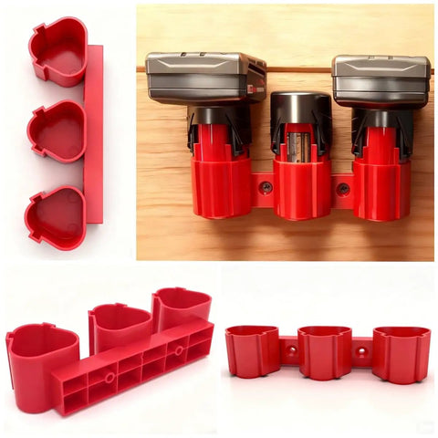 2 In 1 Wall Mount Tool And Battery Holder For Milwaukee M12 12V with plastic hangers, showcasing installation and close-up views.