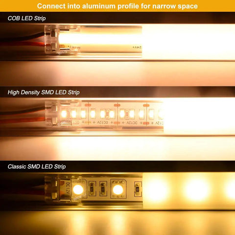 Comparison of COB, High Density SMD, and Classic SMD LED strips in aluminum profile showcasing 8mm 2 Pin COB LED Strip Connector Kit With DC Female Input For Seamless Middle Splice And Strip To Strip Jumper Wire No Fuss Easy Install Wide 8mm COB Tape Light Connector For 30 60 90 120 240 360 LEDs Per Meter