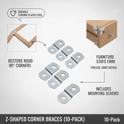 10 Pack Z Shaped Corner Braces Chrome Plated Steel Right Angle Connectors for Picture Frame Assembly and Furniture Repair