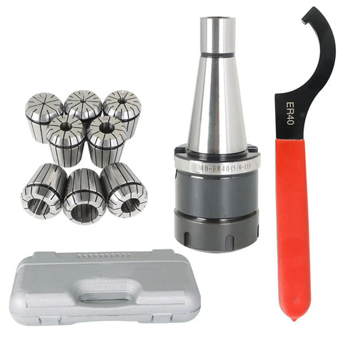 Beefy 10-Piece Collet Chuck Set With NMTB 40-Taper, Box Included, Fits CNC Milling Machines And Engraving Lathes, 2 To 26 mm Clamping Range, Five Eighths Inch By Eleven Threads, Alloy Steel High-Precision Tool Holder Kit, shown with collets, chuck, wrench, and case.