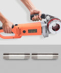 2300w Electric Pipe Threader Machine With Six Dies held by a person, with two metal pipe pieces in the foreground.