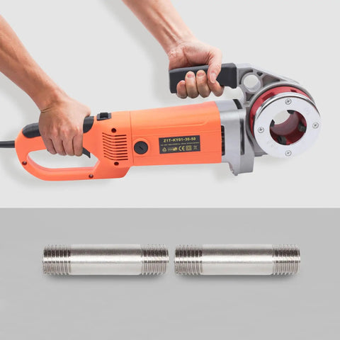 2300w Electric Pipe Threader Machine With Six Dies held by a person, with two metal pipe pieces in the foreground.