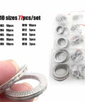 Close-up of Heavy Duty Self Locking Washer Set M3 To M18 304 Stainless Steel Internal Teeth Lock Washers Assortment Kit 2 Pack