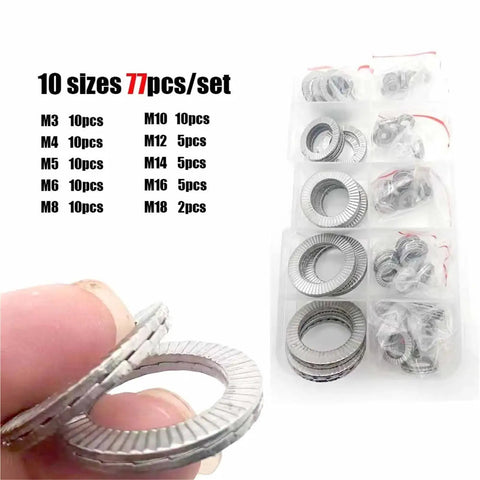 Close-up of Heavy Duty Self Locking Washer Set M3 To M18 304 Stainless Steel Internal Teeth Lock Washers Assortment Kit 2 Pack
