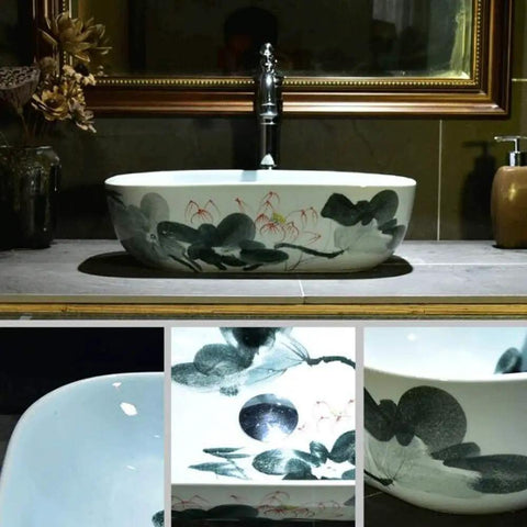 Rectangular Ceramic Vessel Sink For Bathroom Vanity Featuring A Super Sleek High Gloss Glaze That Stays Hella Tough And Keeps Your Space Looking Fresh All Year Round with floral design.