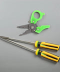 Heavy Duty Mini Wire Stripper And Cutter Pliers next to two sturdy yellow-handled screwdrivers on a gray background.