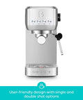 Front view of Essential Espresso Machine With 20 Bar Pressure, Stainless Steel Build, Milk Frother For Home Use, Sleek Silver Coffee Maker