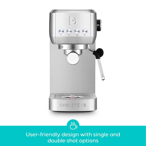 Front view of Essential Espresso Machine With 20 Bar Pressure, Stainless Steel Build, Milk Frother For Home Use, Sleek Silver Coffee Maker
