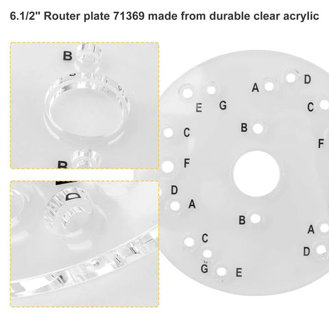 Rock Solid Clear Acrylic Router Base Plate With Template Guide Broad Compatibility showing 6.1/2" size and clear durable material.