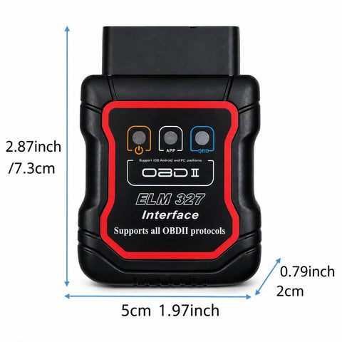 Bluetooth OBDII Scan Tool For IPhone And Android With No Subscription Fee OBD2 Car Scanner illustrating dimensions and ports