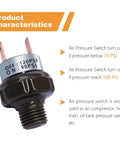 90-120 PSI Air Pressure Switch 1/4 NPT for Air Compressor and Horn Systems, DC 12V/24V Compatible, black finish, front view