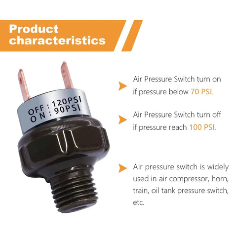 90-120 PSI Air Pressure Switch 1/4 NPT for Air Compressor and Horn Systems, DC 12V/24V Compatible, black finish, front view