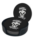 Leather Coaster Set With Holder 6-Piece Absorbent PU Leather Drink Coasters, black coasters with "Your Opinion Was Not In My Recipe" design