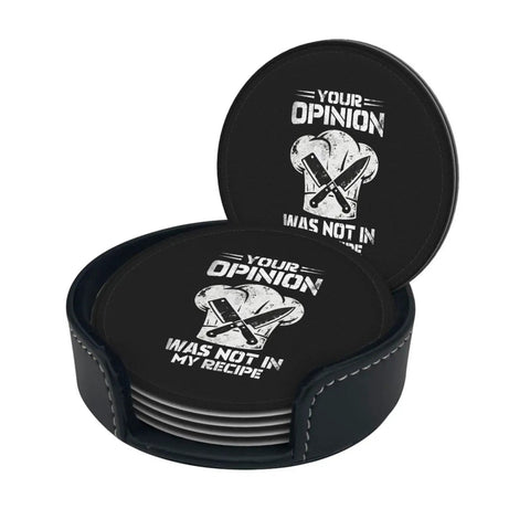 Leather Coaster Set With Holder 6-Piece Absorbent PU Leather Drink Coasters, black coasters with "Your Opinion Was Not In My Recipe" design