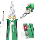 8 In 1 Wire Stripping Pliers With Built In Voltage Tester 12V To 250V Cable Scissors in green and black with accessories