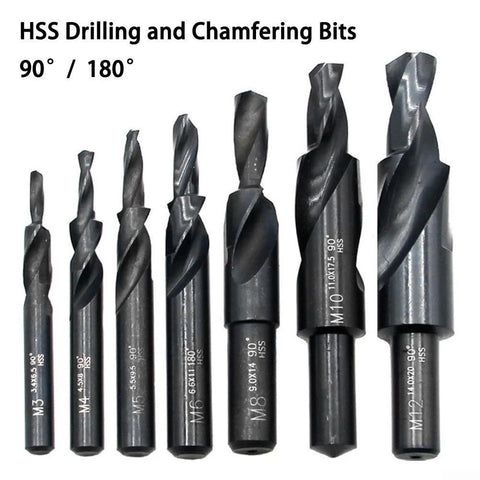Front view: HSS cobalt two-stage step drill bit set for metal with 90/180° countersinks.