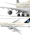 Side view of Saudi Arabian Boeing 747-400 1/160 Diecast Model Airplane With Stand Pre Built Scale Plane for grown ups.