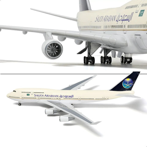 Side view of Saudi Arabian Boeing 747-400 1/160 Diecast Model Airplane With Stand Pre Built Scale Plane for grown ups.
