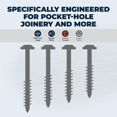 Zinc Pocket Hole Screws For Woodworking And Cabinetry One And One Half Inch Coarse Thread Maxi Loc Head Indoor 500 Count