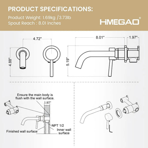 Diagram of Wall Mount Brushed Gold Bathroom Faucet With Single Handle 2 Hole Modern Sink Faucet Includes Rough In Valve
