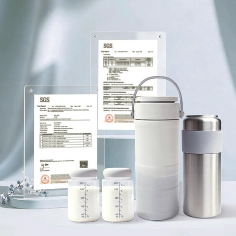 Portable Breast Milk Chiller With Digital Temp Display 22 Oz On The Fly Cooler with two wide mouth bottles and cleaner brush.