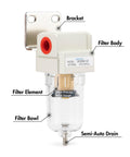 One Quarter Inch NPT Air Dryer For Compressor Pro Grade with Brass Filter Element, Poly Bowl, Bracket, Semi Auto Drain