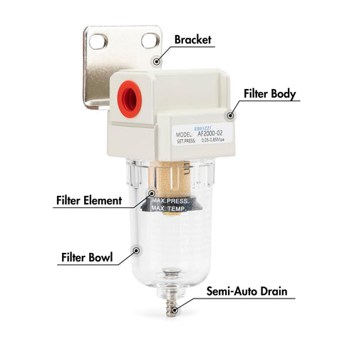 One Quarter Inch NPT Air Dryer For Compressor Pro Grade with Brass Filter Element, Poly Bowl, Bracket, Semi Auto Drain