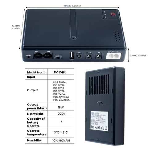 Compact DC UPS Uninterruptible Power Supply For Router Modem IP Camera And POE Devices Keeps Your Internet Up During Power Outages With 5V 9V 12V And 24V Multi Voltage Output Battery Not Included with ports and dimensions shown