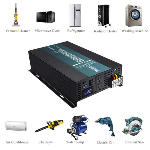 Beast Power Pure Sine Wave Inverter 5000W Continuous, 10000W Surge, 12V DC To 110V AC, Solar RV Ready, Black with appliance icons