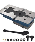 Heavy Duty Four Inch Bench Clamp Vise With Rock Solid Grips For Milling And Drilling Machines Built From Tough Grey Cast Iron And Ductile Nuts, showing the mount and handle.