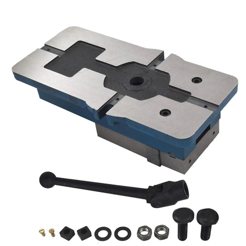 Heavy Duty Four Inch Bench Clamp Vise With Rock Solid Grips For Milling And Drilling Machines Built From Tough Grey Cast Iron And Ductile Nuts, showing the mount and handle.