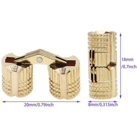 Concealed Brass Cabinet Hinges 8mm By 18mm Hidden Barrel With 180 Degree Opening Gold Finish shown with dimensions.