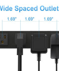 Wide spaced outlets on Six Outlet Metal Power Strip With Wall Mount Heavy Duty Switch Rugged Aluminum Body 14AWG Cord 6 Foot Length 15A 125V 1875W