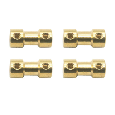 Set of four brass motor shaft couplers, 2mm-to-2mm, cylindrical with holes for RC DIY use.