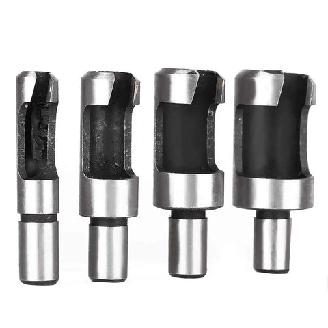 Four components of the badass 8 piece wood plug cutter set made from heavy duty carbon steel, showcasing round shank design.