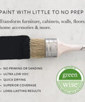 Paint brush with Noir Jet Black Chalk Finish Paint For Furniture And Cabinets No Priming Or Sanding Needed, Green Wise Certified