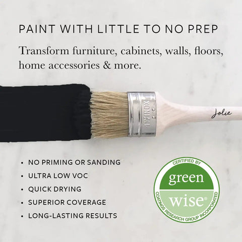 Paint brush with Noir Jet Black Chalk Finish Paint For Furniture And Cabinets No Priming Or Sanding Needed, Green Wise Certified