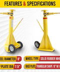 Tough As Nails 2 Pack Semi Trailer Stabilizing Jacks with 8" solid rubber wheels and triangular base plate specifications.