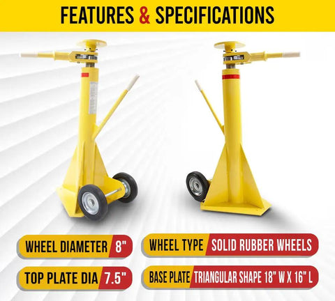Tough As Nails 2 Pack Semi Trailer Stabilizing Jacks with 8" solid rubber wheels and triangular base plate specifications.