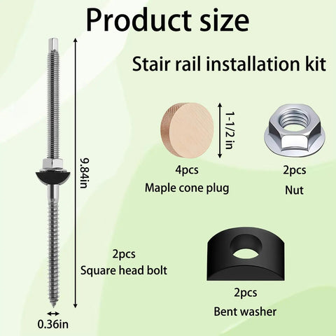 Heavy Duty Two Pack Wood Newel Post Mounting Kit With Rust Proof Steel Lag Bolts Curved Washers And Premium White Oak Plugs, components and sizes.