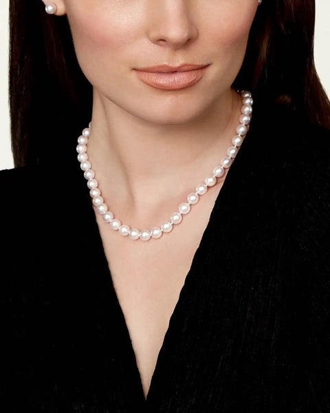 Japanese Akoya Pearl Pendant Necklace For Women, 8.5-9mm White Cultured Pearl AA+ Grade, 14K Yellow Gold, worn on model