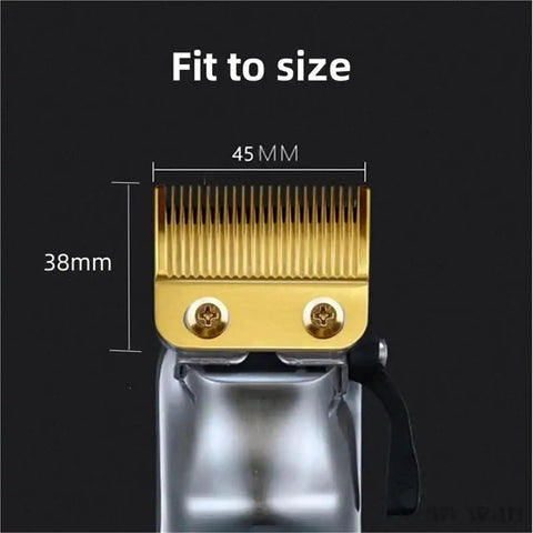 Close-up of an electric clipper blade with size measurements, part of 10 Piece Clip Guide Set For Electric Clippers Magnetic Guards Pro Haircut Combs For Barbershop And Home Use Adjustable Length Tips For Precise Trim Control Smooth Guide Durable Plastic Construction Y0729 Color Box.