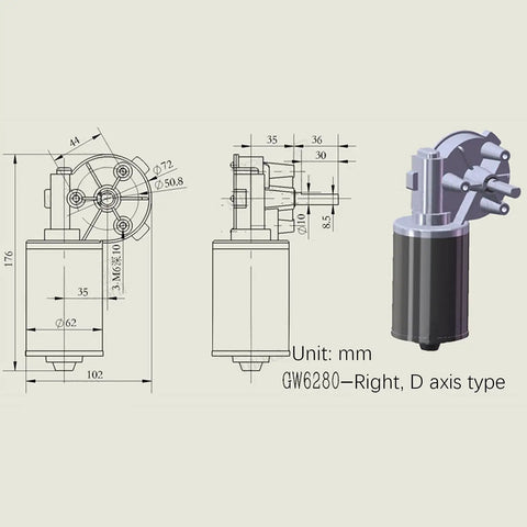Technical drawing and 3D view of DC 24V 100RPM Reversible Worm Gear Motor High Torque Electric Gearbox With Right Shaft GW6280