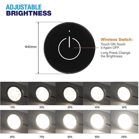 Under Cabinet LED Puck Lights 12V 2W Each in a Sweet Six Pack With Wireless Dimmer displaying adjustable brightness levels.