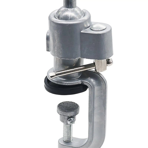 Dead Steady Electric Drill Stand Holder Knockout multifunctional metalworking tool bracket rack close-up of clamp mechanism.