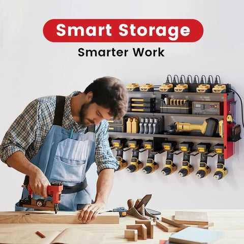 53 Inch Heavy Duty Power Tool Organizer Wall Mount With Built In 8 Outlet Power Strip, 12 Slots, 400 Lb Capacity For Cordless Drills Batteries