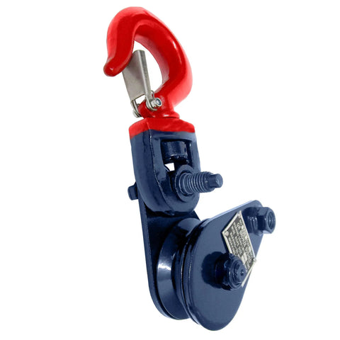 Beefy 15 Ton Snatch Block With Hook And 8 Inch Sheave For Wrecker Towing And Recovery Heavy Duty Pulley For Three Quarters To Seven Eighths Inch Wire Rope Removable Sheave Swivel Hook With Safety Latch Industrial Grade, red hook and blue pulley