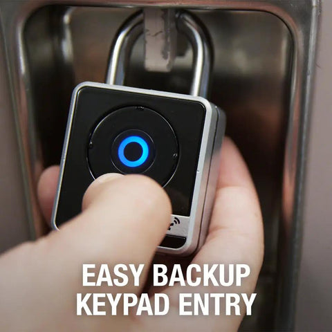 Close-up of Indoor Bluetooth Padlock For Lockers And Storage With Smartphone Unlock And Keypad Backup in use.