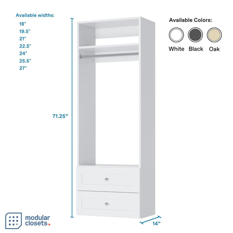 Built In White Shaker Hanging Tower Closet Organizer With Two Deep Drawers And Reinforced Shelf 71.25" tall, 14" deep.