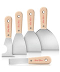 Five Piece Paint Scraper And Putty Knife Set With Five In One Tool For DIY Home Improvement Pro Grade Paint Remover Wallpaper Scraper Spackle Knife Crown Molding Tool Patch Dents And Loose Paint Like A Pro, showing five steel blade tools with wood handles.
